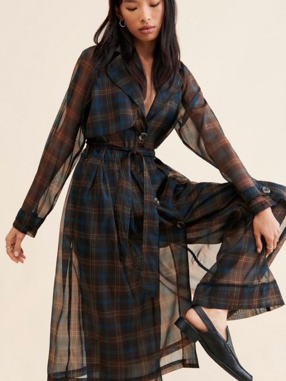 Anthropologie Porridge Sheer Plaid Pleated Trench Coat